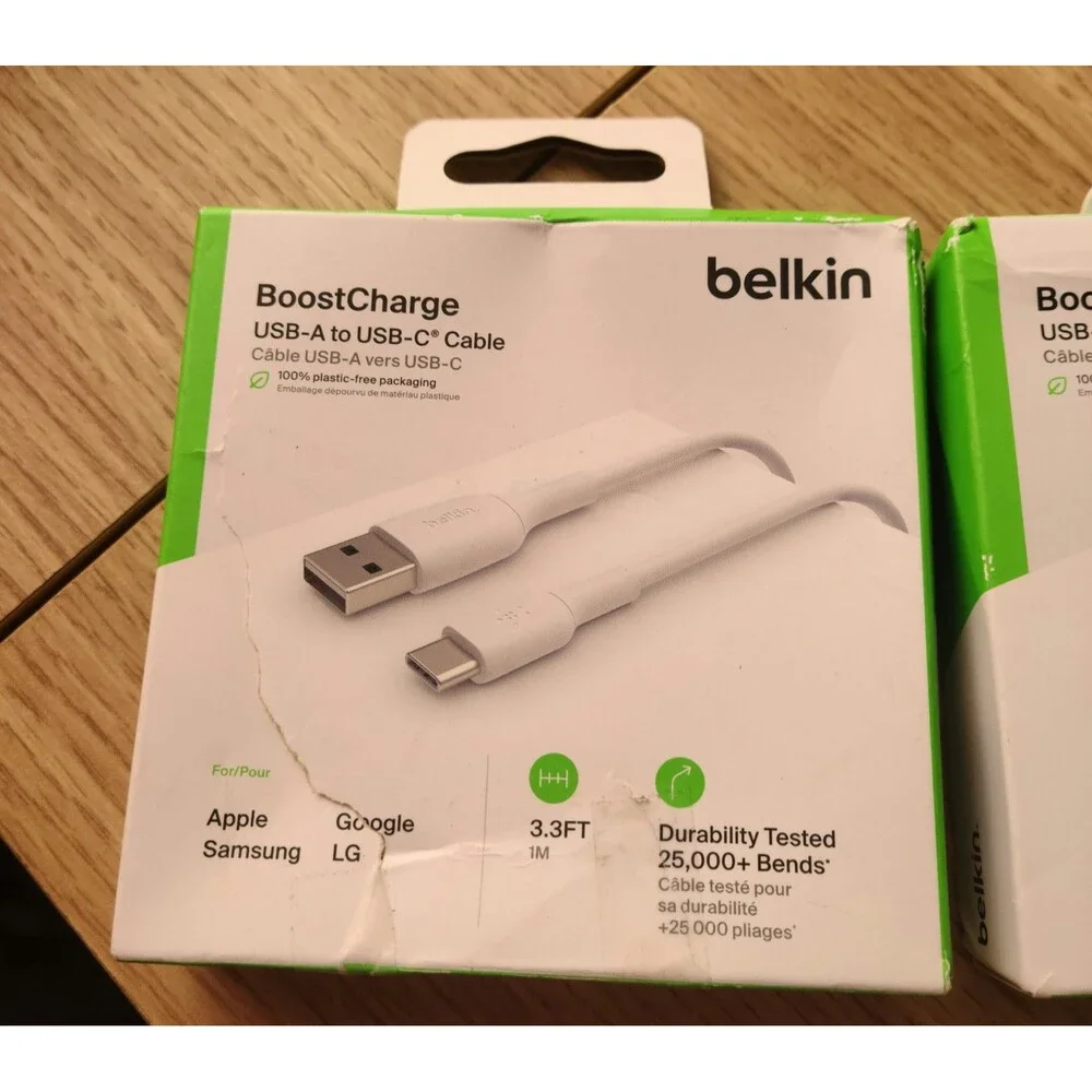 2 Pieces Belkin USB-A to USB-C Cable 6.6 ft (2M) and 3.3FT(1M) White OPEN BOX